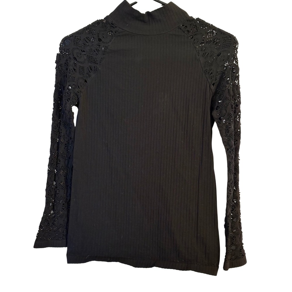 Nikibiki Womens Mock Neck Ribbed Lace Long Sleeve Top Black O/S - Picture 2 of 5